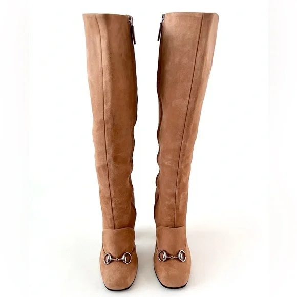 GUCCI | Lillian Horsebit Beige Tan Suede Leather Tall Knee High Heel Boot EU 37 - Picture 3 of 16